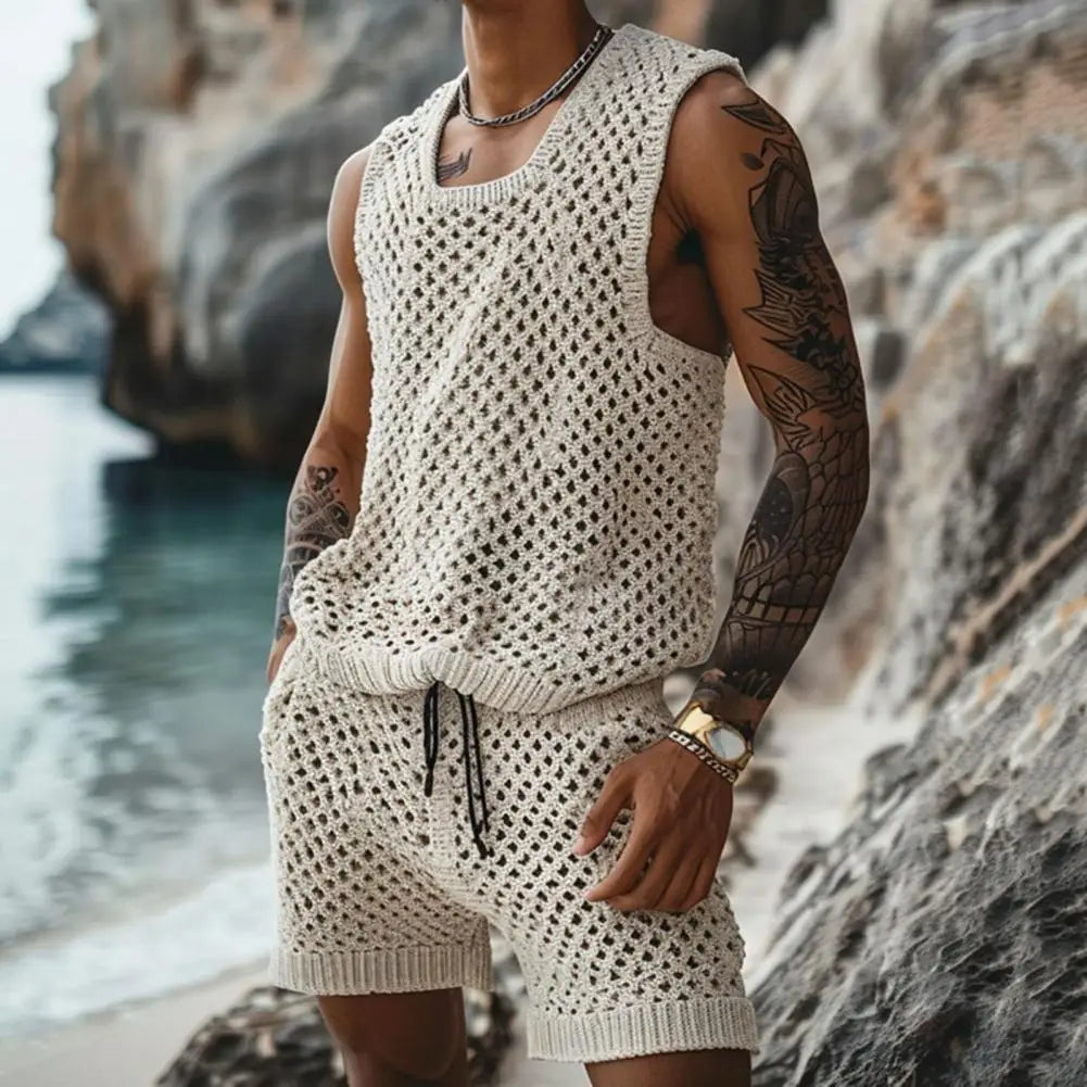 NEW 2PCS Set L(50-70Kg) XL(80-100+Kg) Vest Shorts Set Men's Casual Sleeveless Knit Top Drawstring Shorts Set for Daily Wear Elastic Waist Wide Leg Shorts for Men's