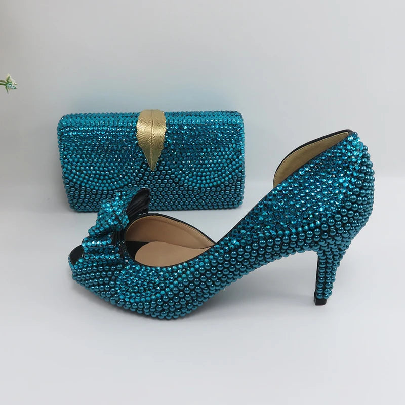 New Arrival Teal Luxury Blue Crystal Women Wedding Shoes Set with Matching Bags Peep Toe High Heels Pumps Open Toe Shoes and Purse Evening Party Night Business Dinner Apparel Accessories Ladies Luxury Fashion Clothing Suppl