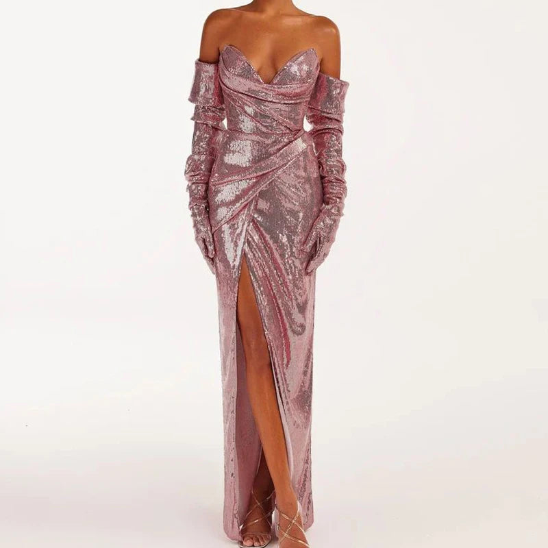 Sequined strapless evening gown in rose color with a thigh slit, Women's sexy sequin open back lace up dress long style