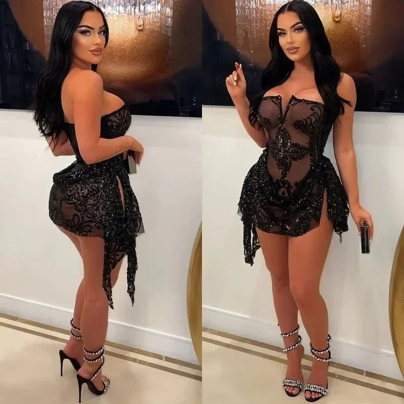 NEW Arrivals 3 Colors Sexy Mesh See Through Party Nightclub Birthday Women Dress Sequined Strapless V-neck Sleeveless Ruched Prom Mini Sexy Dresses
