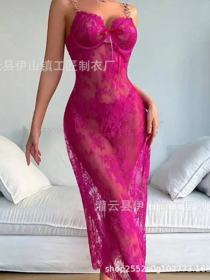 New 4 Colors Sexy Lace Mesh Flower Embroidery Backless Deep V Suspenders Sleeveless Long Dress Women's Thin Pure Desire Casual Style GUT0