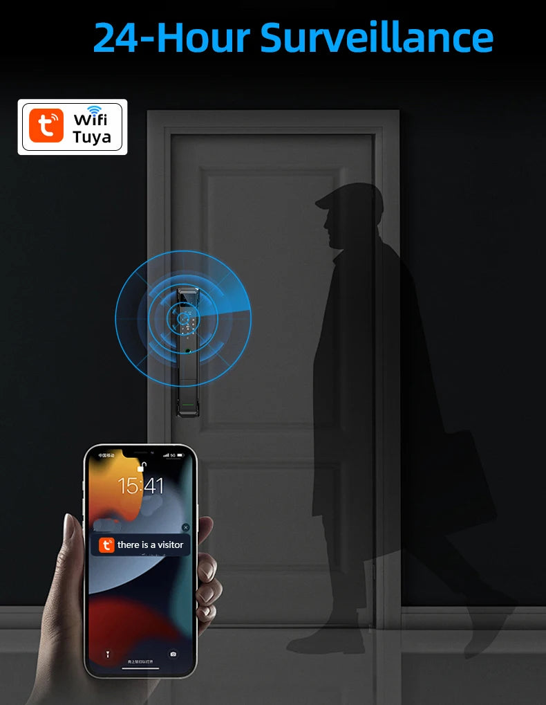 NEW Arrivals P8 TUYA App Wi-Fi Smart Lock, 21 Languages, Remote Video Call Intercom, Face-Palm IC Card Unlock, Black/Gray Anti Theft Top Quality Security System Home Apartments Office Security Supplies