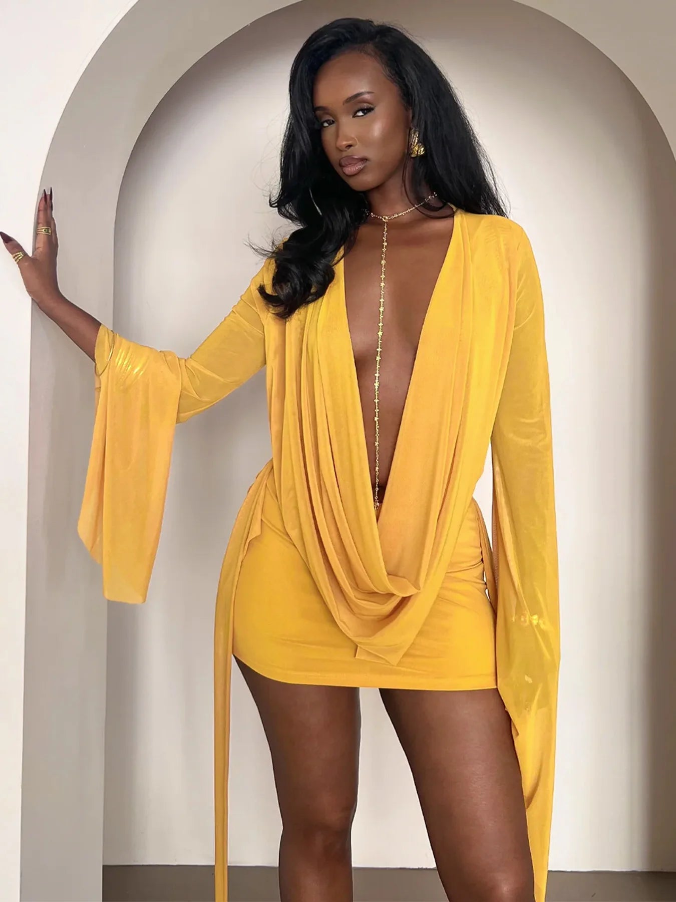 Just Arrived 8 Colors Women Coquette Backless Dress Wild See Through Irregular Halter Bell Sleeve Sexy Midnight Clubwear Evening Beach Party Vacation Bodycon