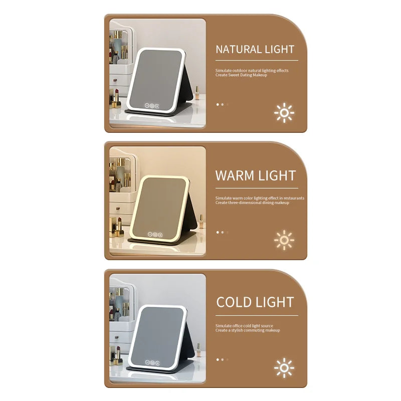 NEW Arrivals LED Dimmable Makeup Mirror 3 Colors Light Modes Adjust Brightness USB Charing Fold Mirror Tabletop Vanity Mirror for Travel Home Cosmetic Accessories