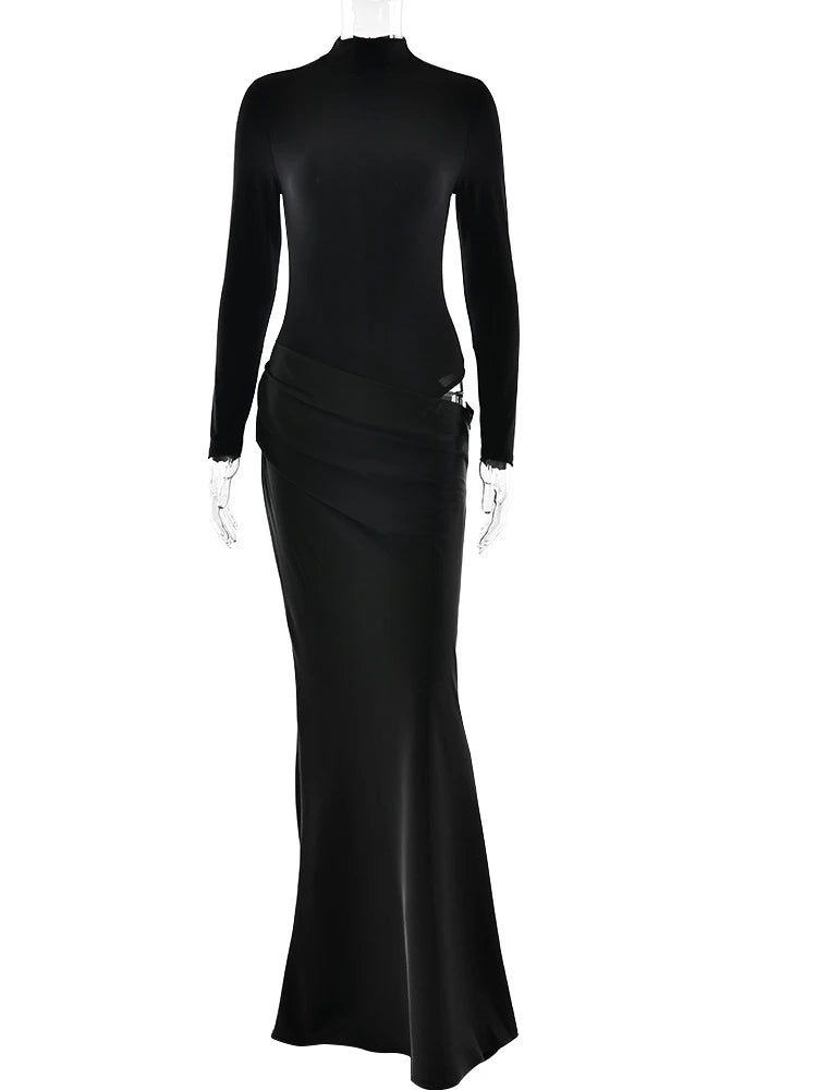NEW Turtleneck Satin Sexy Hollow Out Zipper Women Maxi Dress Black Patchwork Long Sleeve Slim Elegant Party Evening Dress