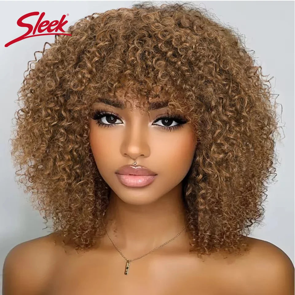 NEW Original Brazilian Sleek T1b/30 Afro Kinky Curly Human Hair Bob Wigs Brazilian Highlight P4/27 Remy Hair With Bang 250% Density Brown 6# Human Natural Hair