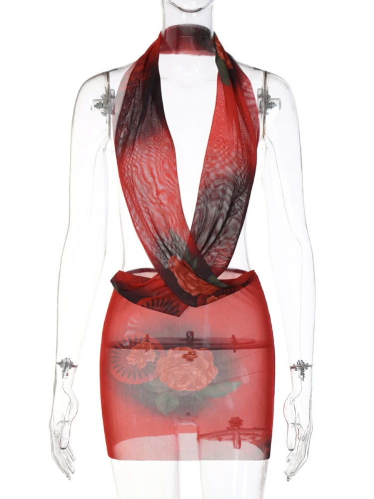NEW Arrivals Sexy Retro Floral See-through Mesh Deep V Halter Red Mini Dress Women Backless Skinny Dress Elegant Evening Beach Night Club Party Girls Sexy Fashion Apparel Supplies