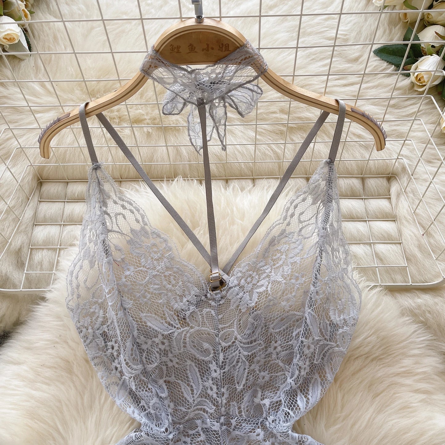 V-neck Sexy Lace Strap Jumpsuit Skinny See-through Women Pajamas Playsuit Erotic Lingerie Catsuit Backless Hollow Out Bodysuit
