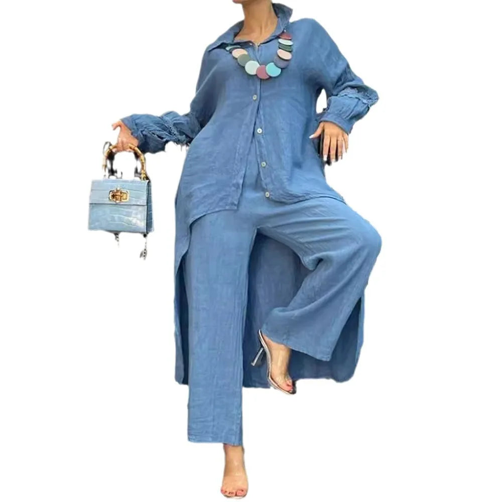 NEW Arrivals 2PCS Set S-3XL UK Size 7 Colors Chubby Lady Clothes Elegant Cuff Shirt Elastic Waist Trousers Set For Women Stylish Button-Down Blouse With Irregular Hem Spring Autumn Summer Outfits