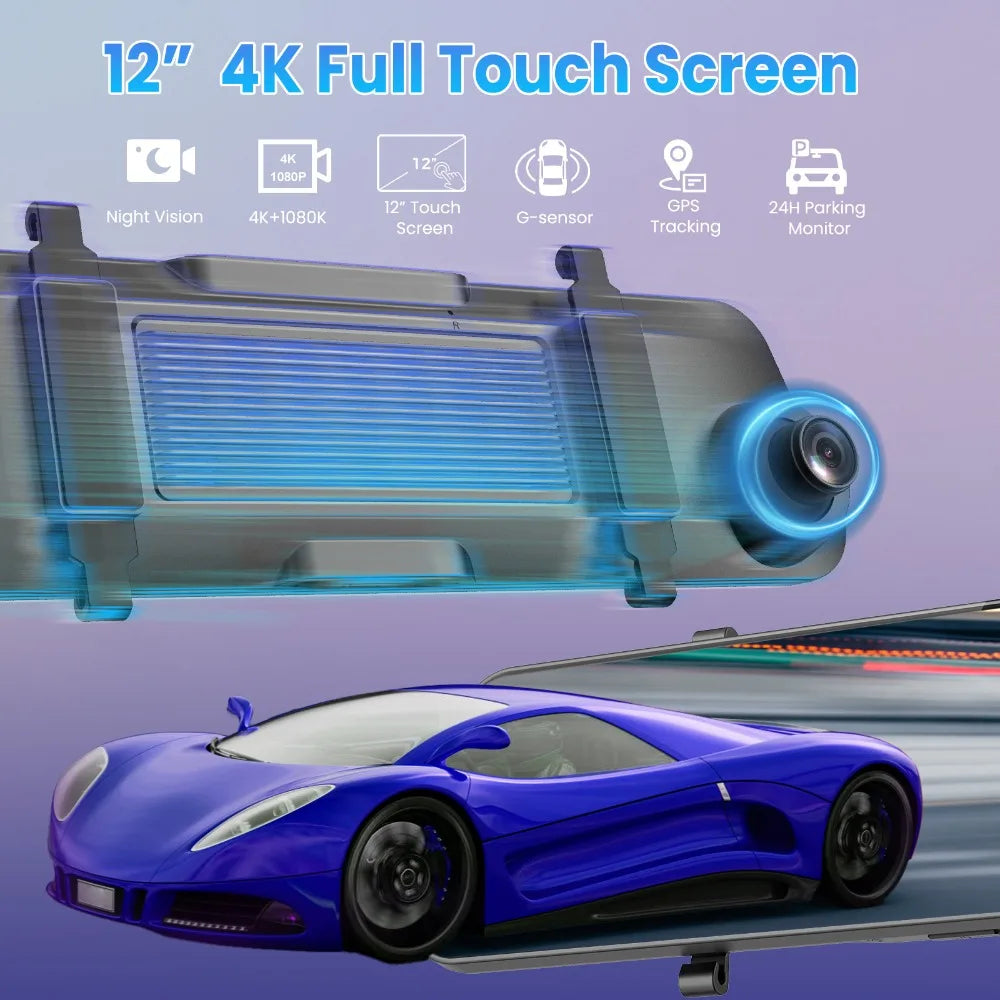 4K WIFI Mirror Dash Cam Smart Driving Assistant ADAS & BSD with External GPS Support Monitor Night Vision 24H Parking
