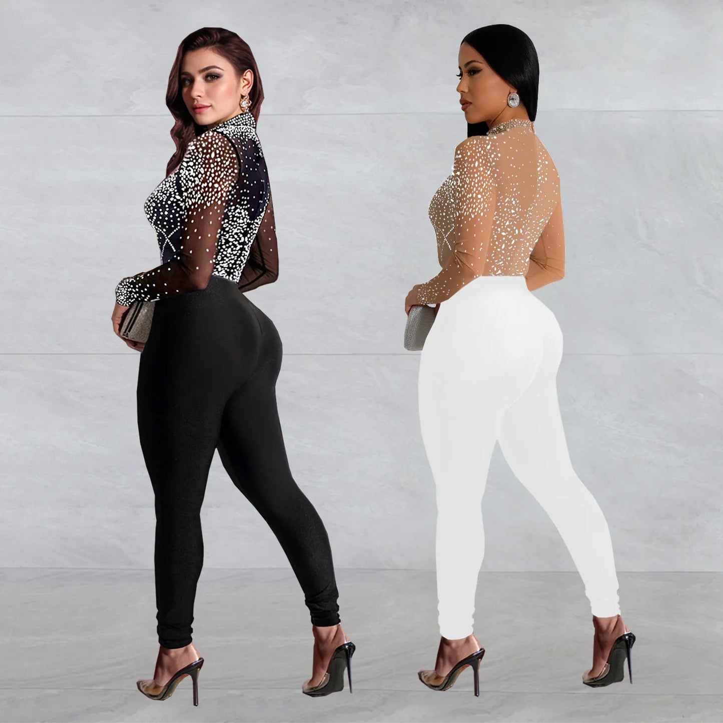 Low-Price Sales are Limited NEW S-2XL Black/Apricot Rhinestones Mesh See Though Bodycon Evening Night Club Party Jumpsuits Women Round Neck Long Sleeve Slim Playsuits Sexy Overalls Girls Ladies Luxury Fashion Clothing Supplie