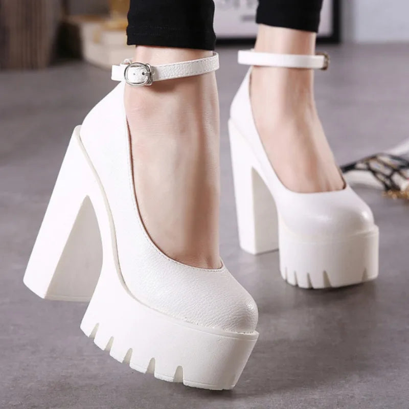 NEW Arrivals Black/White Sexy Thick-Soled Single Shoes Women's 14CM High Heels European American Fashion Buckle Women's Platform Heels Pumps Bridal Shoes Footwear Accessories