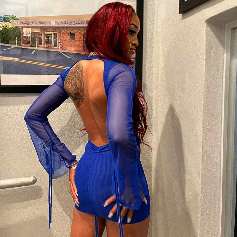 NEW Arrivals 5 Colors Sexy Deep V Neck Sexy Wrapped Mini Mesh Dress Women See Through Backless Long Sleeve Summer Evening Beach Party Night Club Bodycon Dress