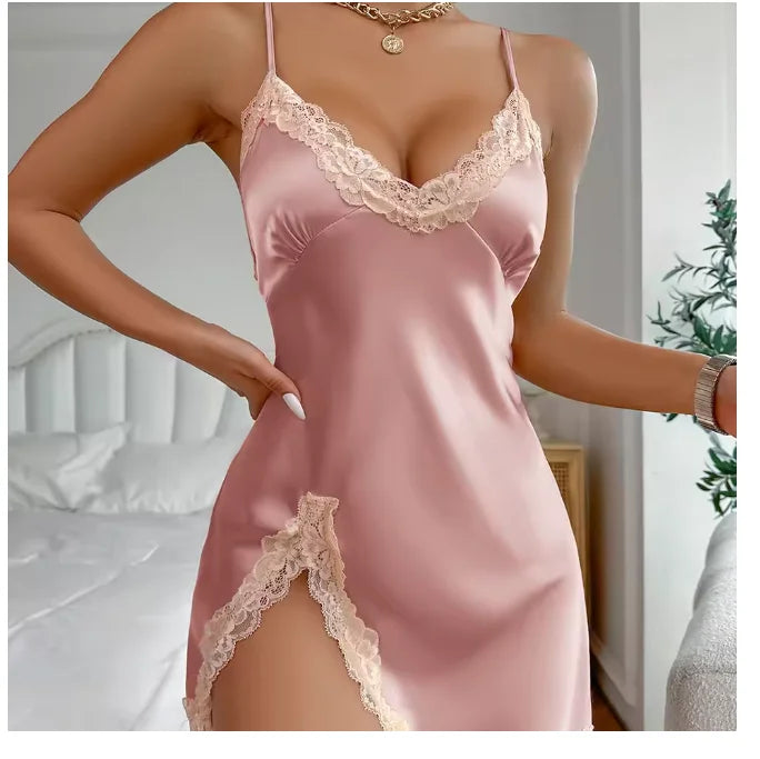 NEW Arrivals S-XL 10 Colors/Patterns Sexy Backless Mini Female Silk Nightgown Lingerie Summer Chemise Sleepwear Suspender Nightdress White Satin Lace Home Wear Loungewear