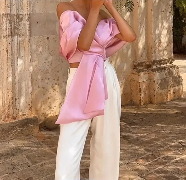 NEW Arrivals Spring Summer Cross Asymmetrical Butterfly Knot Women's Top Cross-Border Mixed Fabric Vest Strapless Clothing