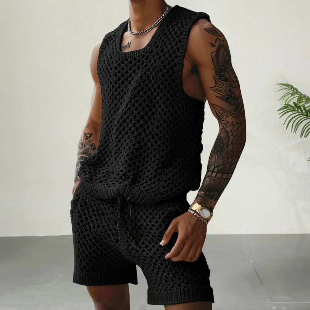 NEW 2PCS Set L(50-70Kg) XL(80-100+Kg) Vest Shorts Set Men's Casual Sleeveless Knit Top Drawstring Shorts Set for Daily Wear Elastic Waist Wide Leg Shorts for Men's