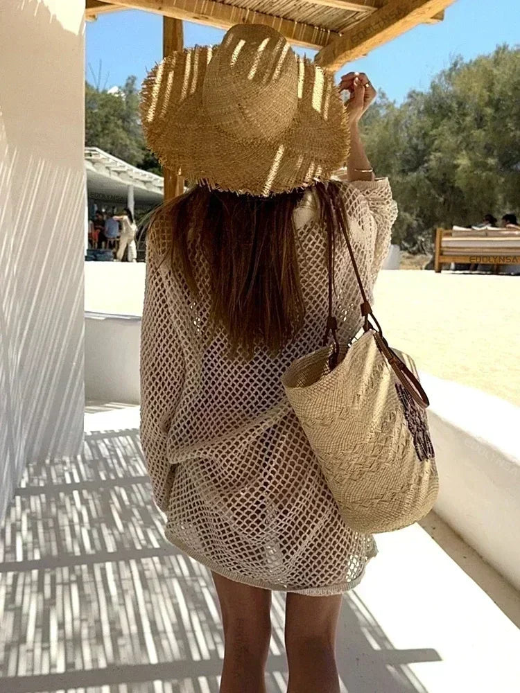 NEW Arrivals UK Size 4 Colors Solid Color Beach Knit Mini Dress Women's Summer Sexy Hollow Out Long Sleeve Swimsuit Cover Up Boho Holiday Loose Beachwear K17