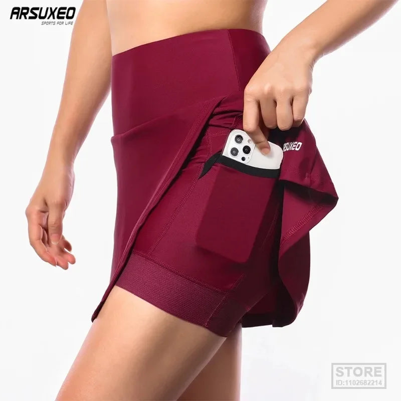 ARSUXEO Women's Cycling Shorts Skirts 2 In 1 High Waist Bicycle Bike Underwear Padded Gym Tennis Underpants Fitness Running