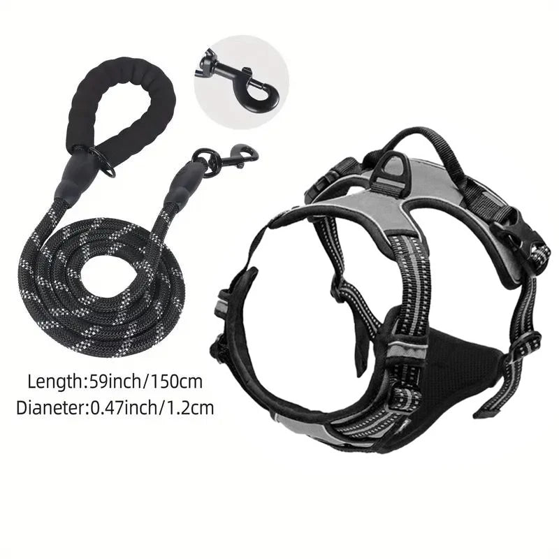 NEW 2PCS Set Service Dog Leash + Harness Front Clip Heavy Duty Reflective Easy Control Handle for Large Dog Walking Easy to Control for Small Medium