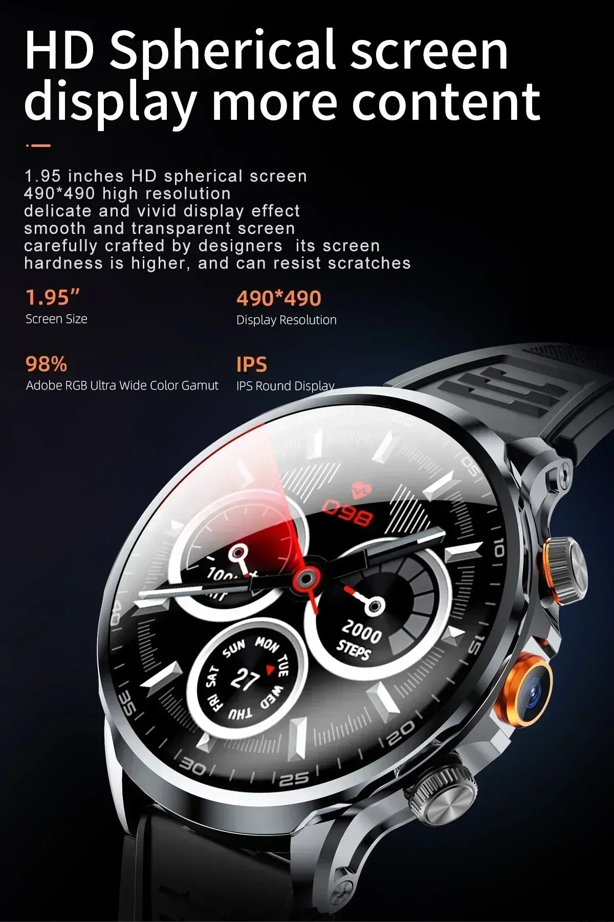 NEW Arrivals GPS Tracker Heart Rate Blood Pressure Multiple Sports Modes and Languages Android Adult Smart Watch 1.95 'AMOLED 8GB+128GB Storage 4G Full Network Google Play WIFI GPS Sim Card