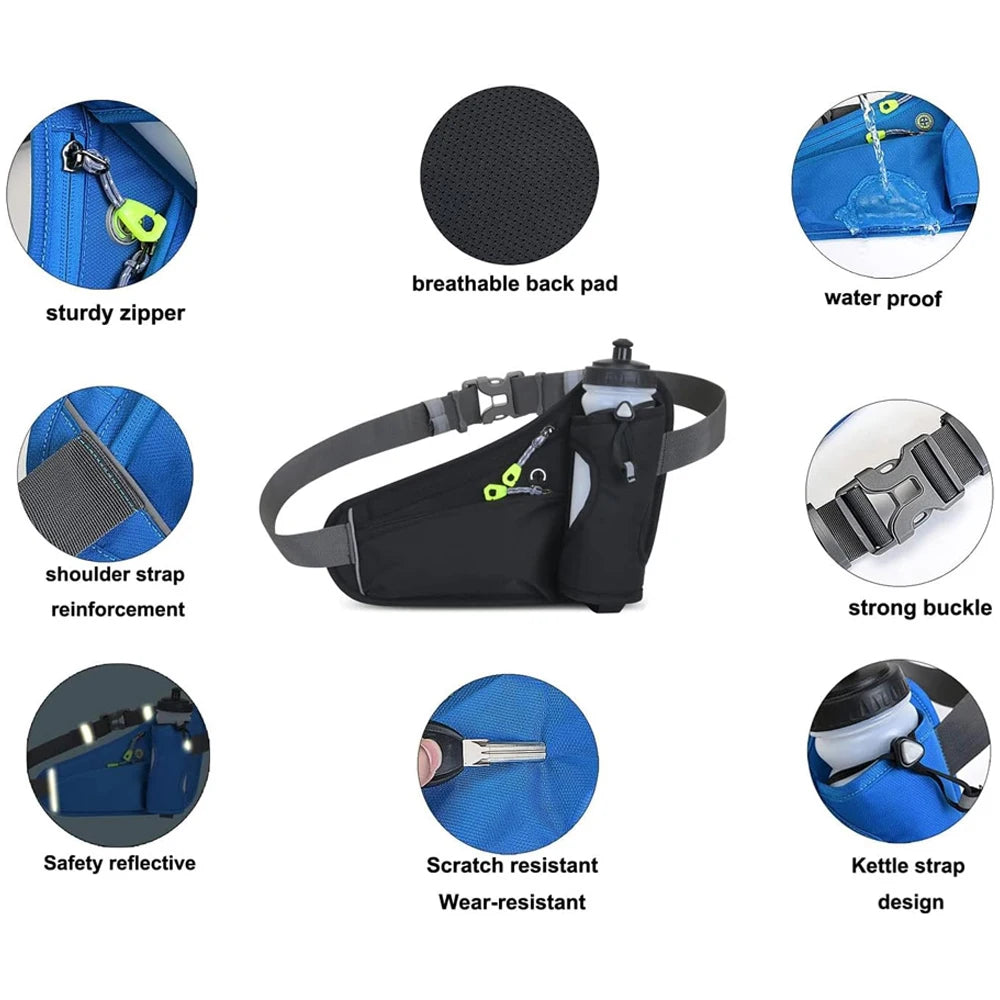 NEW Arrivals 6 Colors Waterproof Running Waist Bag Cycling Bumbags with Water Bottle Holder Travel Walking Dog Sport Waist Bag& Reflective Strips