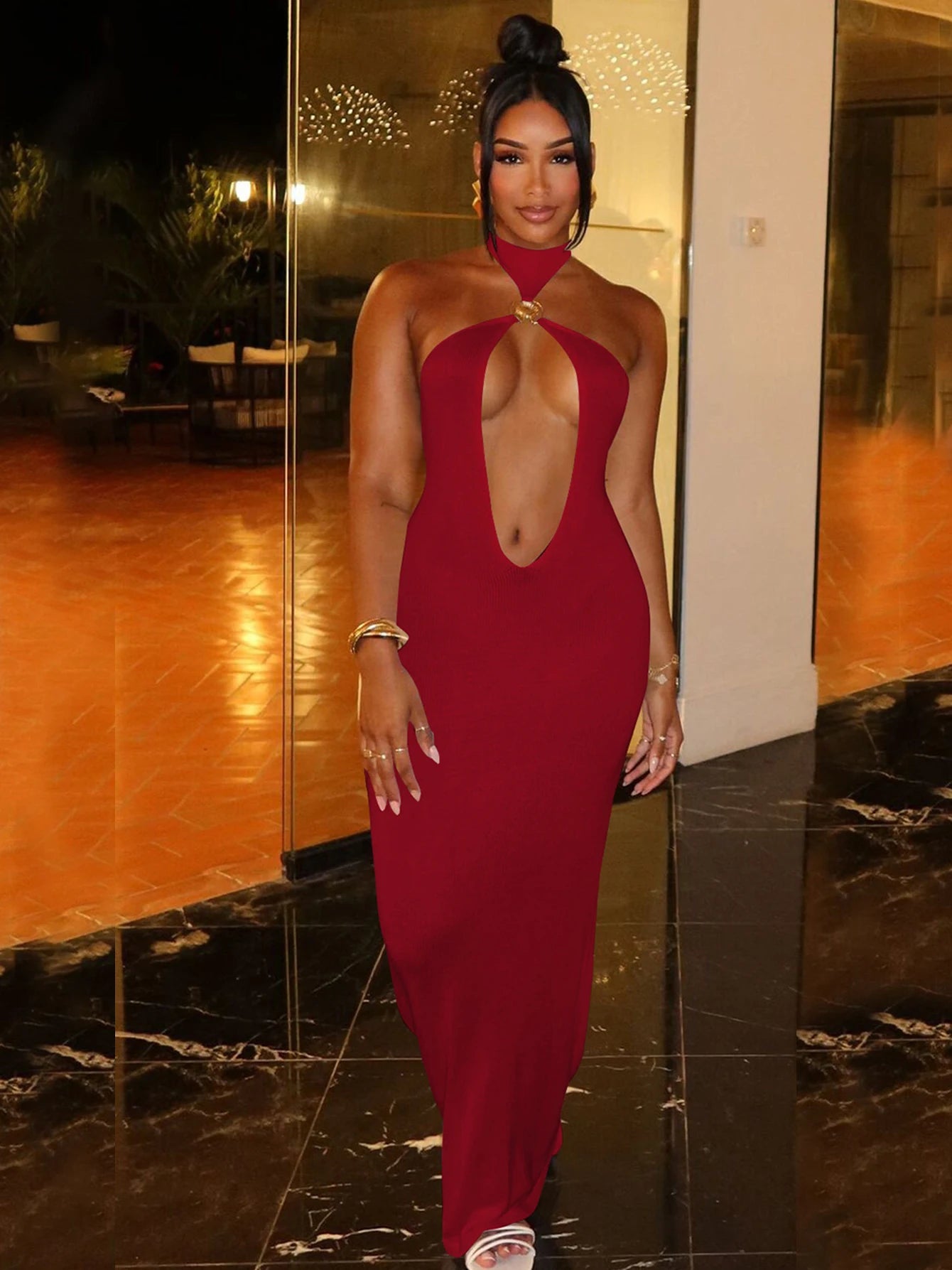 NEW Arrivals UK Size Black/White/Red Spring Summer Dresses Women Elegant Sexy Hollow Out Halter Backless Sleeveless Sheath Maxi Gown Evening Beach Party Night Club Outfit