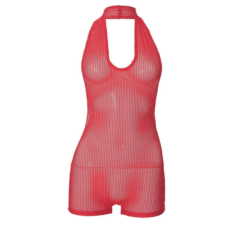 NEW Arrivals Sexy Hot Red Backless Halter Rompers Women Thin Sexy Sleeveless Backless Stretch See Through Playsuits Midnight Clubwear Overalls Girls Sexy Fashion Clothing Supplies