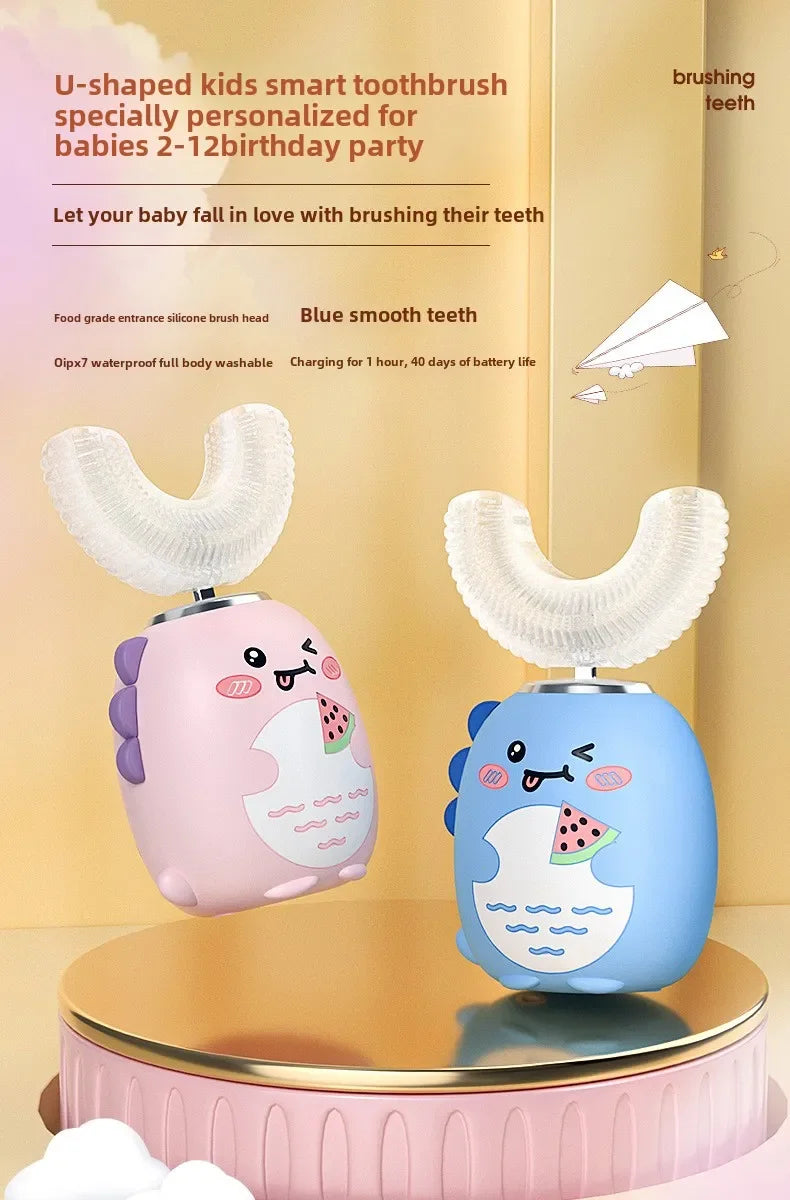 NEW Arrivals Children (3-12Yrs Old) U-Shaped Electric Toothbrush 360 Degrees Smart Cartoon Kids Silicone Toothbrush Automatic Rechargeable Sonic Toothbrush Oral Hygiene Accessories Dental Supplies