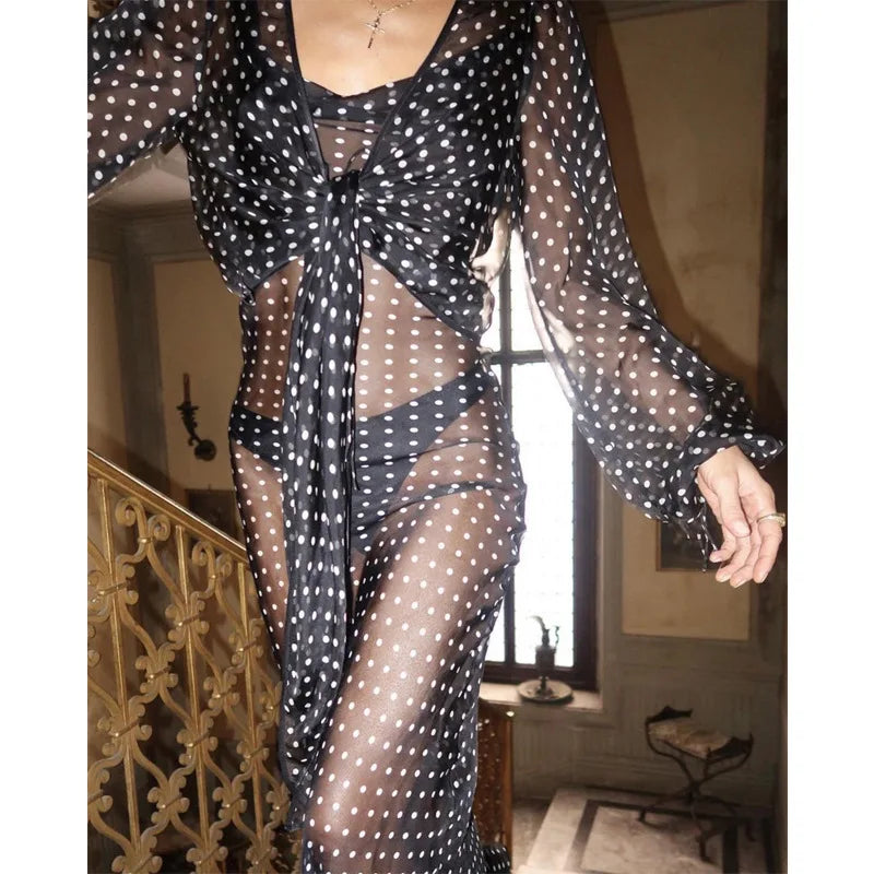 Just Arrived New Women's Mesh Backless Lace-Up Black Maxi Dress, Casual Polka Dot Bikini Cover-Up For Beach Vacations Ladies Summer Bathing Apparel Accessories Beach Clothes