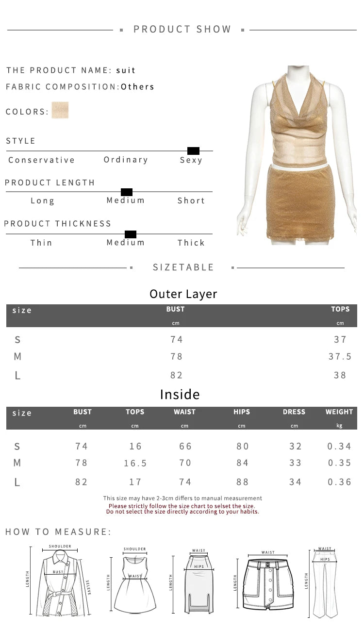 NEW Arrivals 2PCS Set UK Size Pink/Gold/Black Sexy Hot Mesh Patchwork Women Lace-Up Halter Low-Neck Bright Silk Crop Tops + Ruched Skirts Midnight Elegant Outfits