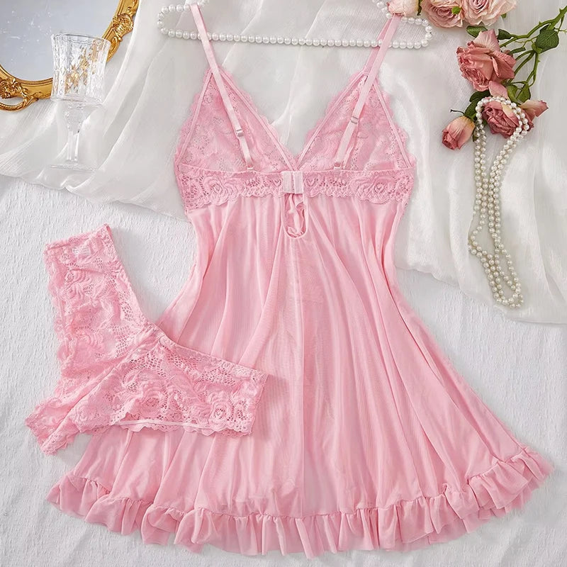 NEW Arrivals 2PCS Set Black/ Pink/Wine Red Color Transparent Sexy Lingerie Women Panties See Through Sleepwear Lace V Neck Nightdress And Thong Sets Female Underwear Briefs Set