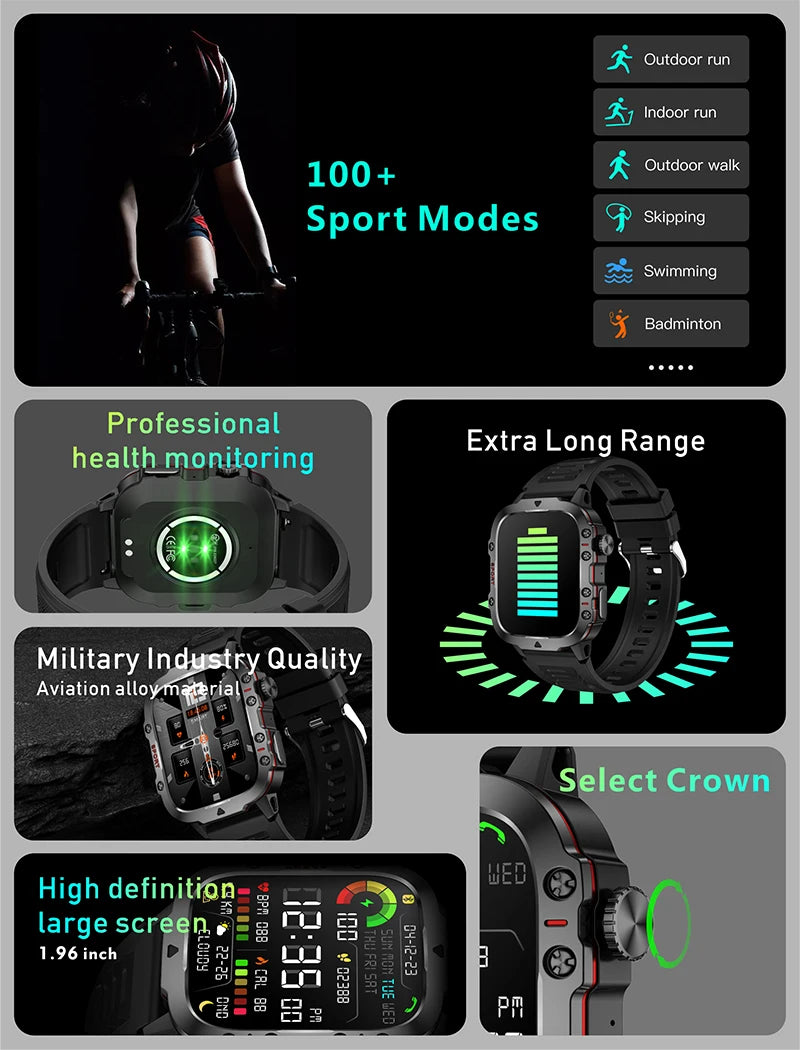 NEW For Xiaomi Military Smart Watch Men IP68 5ATM Outdoor Sports Fitness Tracker Health Monitor 1.96" BT Call Smartwatch Health Care Accessories Products Electronic Supplies
