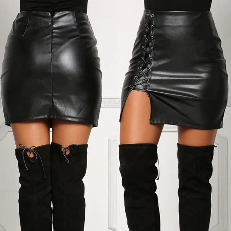 NEW Arrivals S-5XL Plus Size Sexy Girls Above Knee Black PU Leather Mini Skirts Spring Women High Waist Bodycon Front Split Elegant Short Skirt