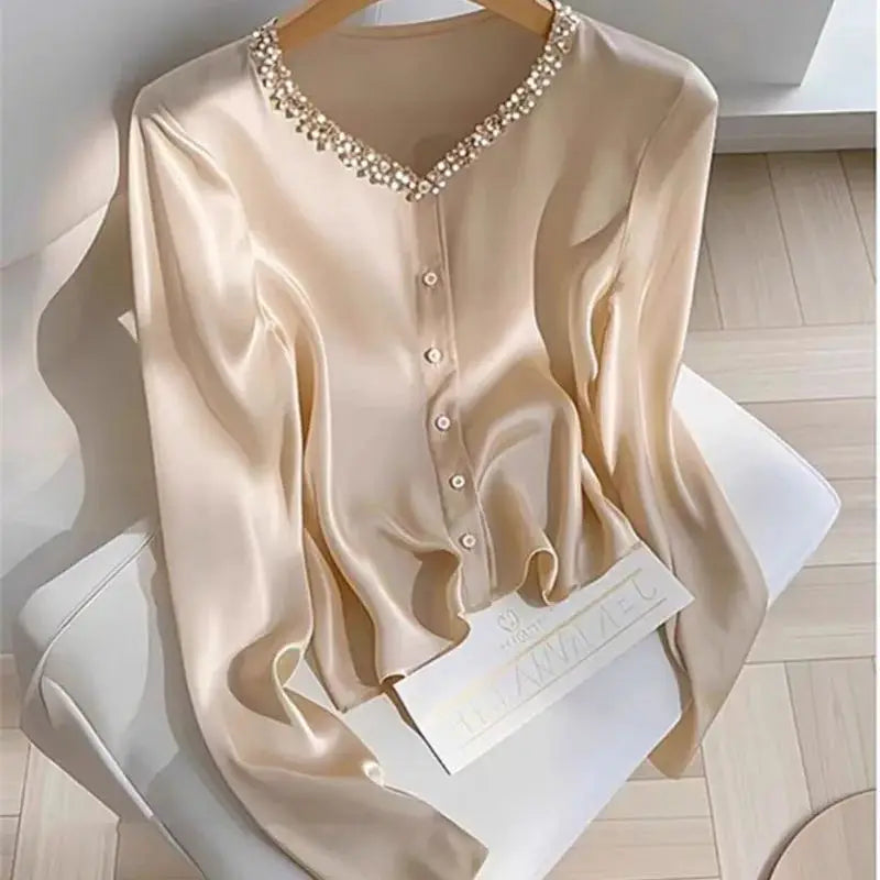NEW Arrivals M-2XL UK Size Luxury French Acetate Blouse Spring Autumn V-Neck Sequined Shirt for Women Long Sleeve Champagne Female Top Light Luxury 513P