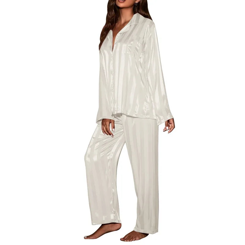NEW 2PCS Set L-4XL Plus Size 4 Colors Chubby Women's Striped Pajama Set, Solid French Silk Satin Pajamas, Comfortable Home Pajamas