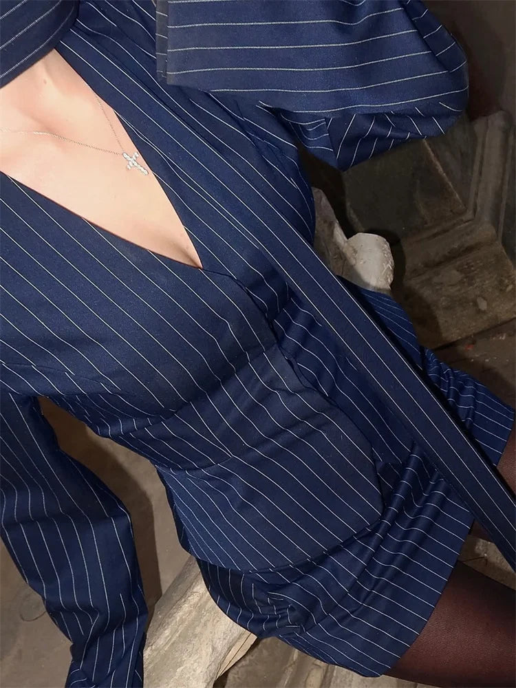 NEW 3PCS Set Female Suit Mini Skirt Elegant Striped Commute Patchwork Fashion Luxury V-Neck Party Looks For Women Suit Sets