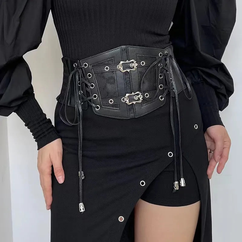 Lace straps, leather waist closure, women's decoration, shaping body, waist closure, black European and American vintage metal b