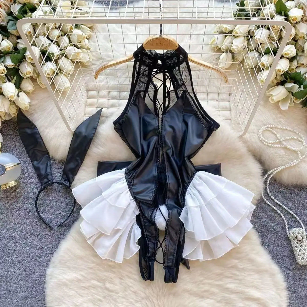 NEW Arrivals Bunny Role-Play Women's Nightwear Lady's Secret Clothing Halter Patchwork Bodysuit Erotic Lingerie Sexy Black Playsuit Bodycon