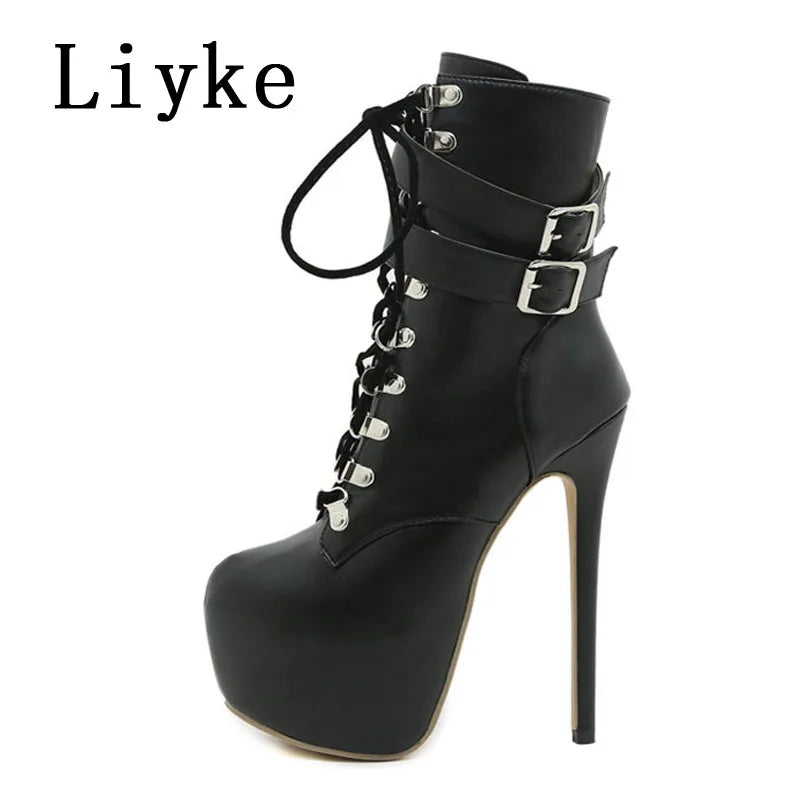 Autumn Winter Platform Boots For Women Sexy Round Toe Buckle Strap Pole Dance High Heels Pumps Fashion Lace-Up Runway Shoe
