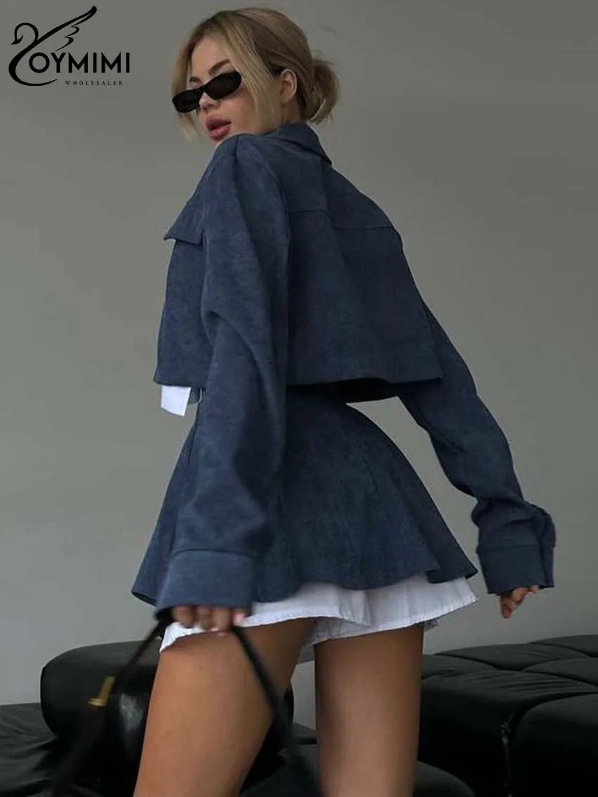 BRAND NEW 2PCS Set Blue/Gray/Black Color Patchwork Women Spring Outfit Elegant Long Sleeve Button Crop Tops And High Waisted Mini Skirts Sets
