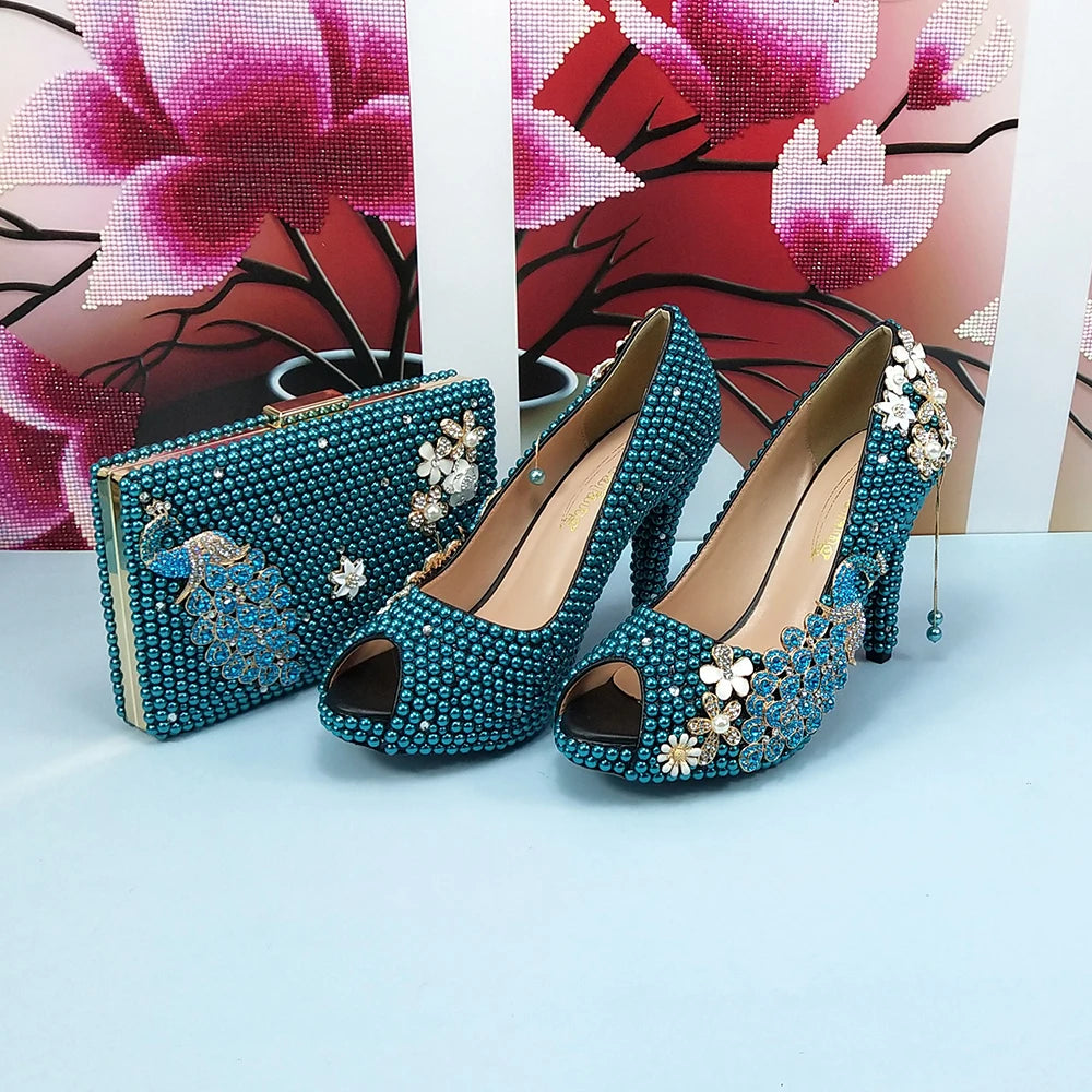 Low-Price Sales are Limited NEW Teal Luxury Blue Pearl Wedding Shoes Set with Matching Bags Bride High Heels Platform Shoes Open Toe Green Blue Evening Party Night Business Dinner Shoes Ladies Luxury Fashion Clothing Supplies