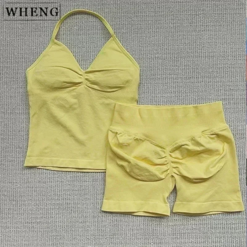 NEW Arrivals 2PCS Set 10 Colors Padded Sleeveless T-Shirt with Halter Collar Hip Pants Summer Sportswear Women Fitness Yoga Pilates Suit Outdoor Hiking Running Sports Clothes