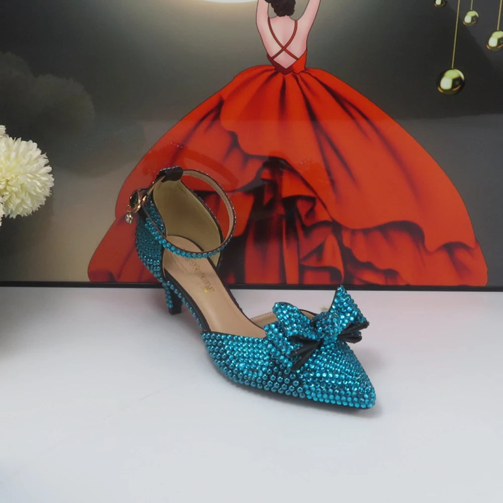 New Arrival Teal Luxury Blue Crystal Women Wedding Shoes Set with Matching Bags Peep Toe High Heels Pumps Open Toe Shoes and Purse Evening Party Night Business Dinner Apparel Accessories Ladies Luxury Fashion Clothing Suppl