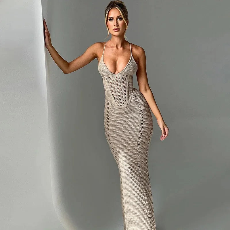 NEW Arrivals Black/White/Khaki Color Spring Summer New Women's Clothing Sexy Elegant Tank Long Dress Hollow Out System Backless Knit Dress Fashionable Open-Back Design Evening Beach Party Night Clubwear