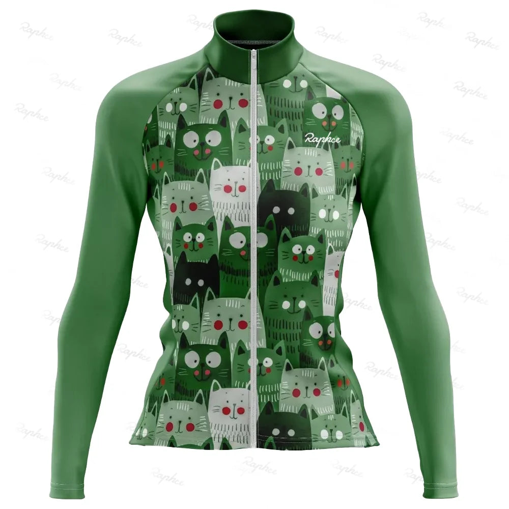 NEW Arrivals S-3XL Plus Size Long-Sleeved Road Bike Cat Pattern Cycling Jersey + Leggings Summer Quick-Drying Breathable Slim Cycling Long-Sleeved Cycling Jersey Women Sports Apparel Supplies