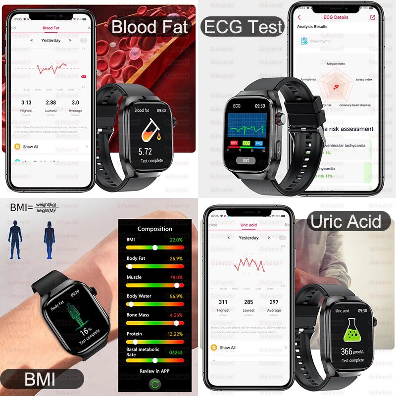 NEW Arrivals 12 Colors/Patterns AI Diagnosis Health Monitoring Blood Pressure Smart Watch Women Men ECG Uric Acid Lipid BT Call Health Smart Watches For HUAWEI Health Care Supplies