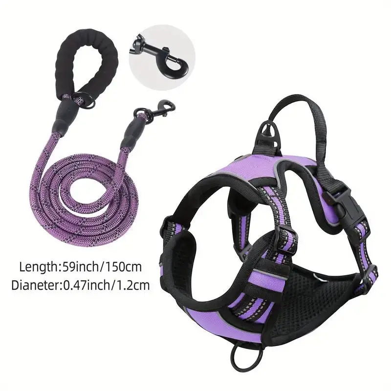 NEW 2PCS Set Service Dog Leash + Harness Front Clip Heavy Duty Reflective Easy Control Handle for Large Dog Walking Easy to Control for Small Medium