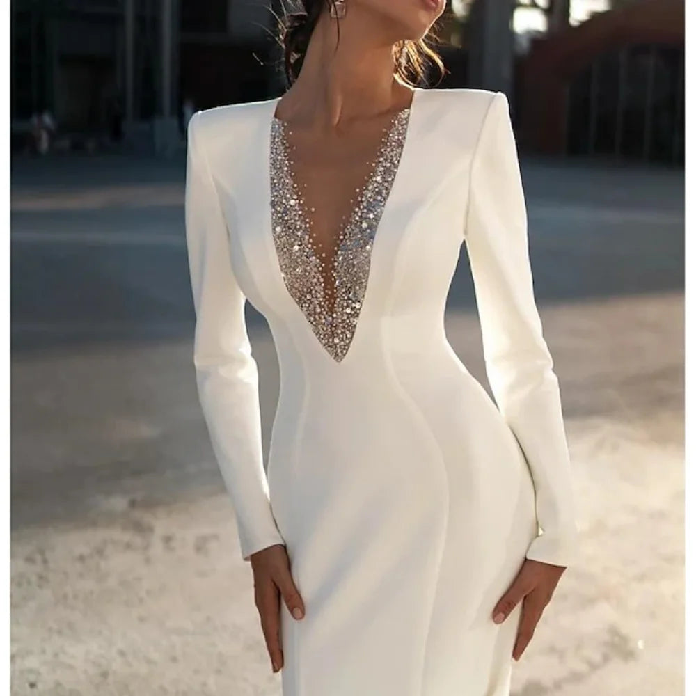 Low-Price Sales are Limited NEW Arrivals High Quality Elegant Mermaid Wedding Dress Shiny Full Sleeve V-Neck Vestidos De Novia Modern Sweep Train Wedding Gowns For Bride Ladies Luxury Fashion Supplies