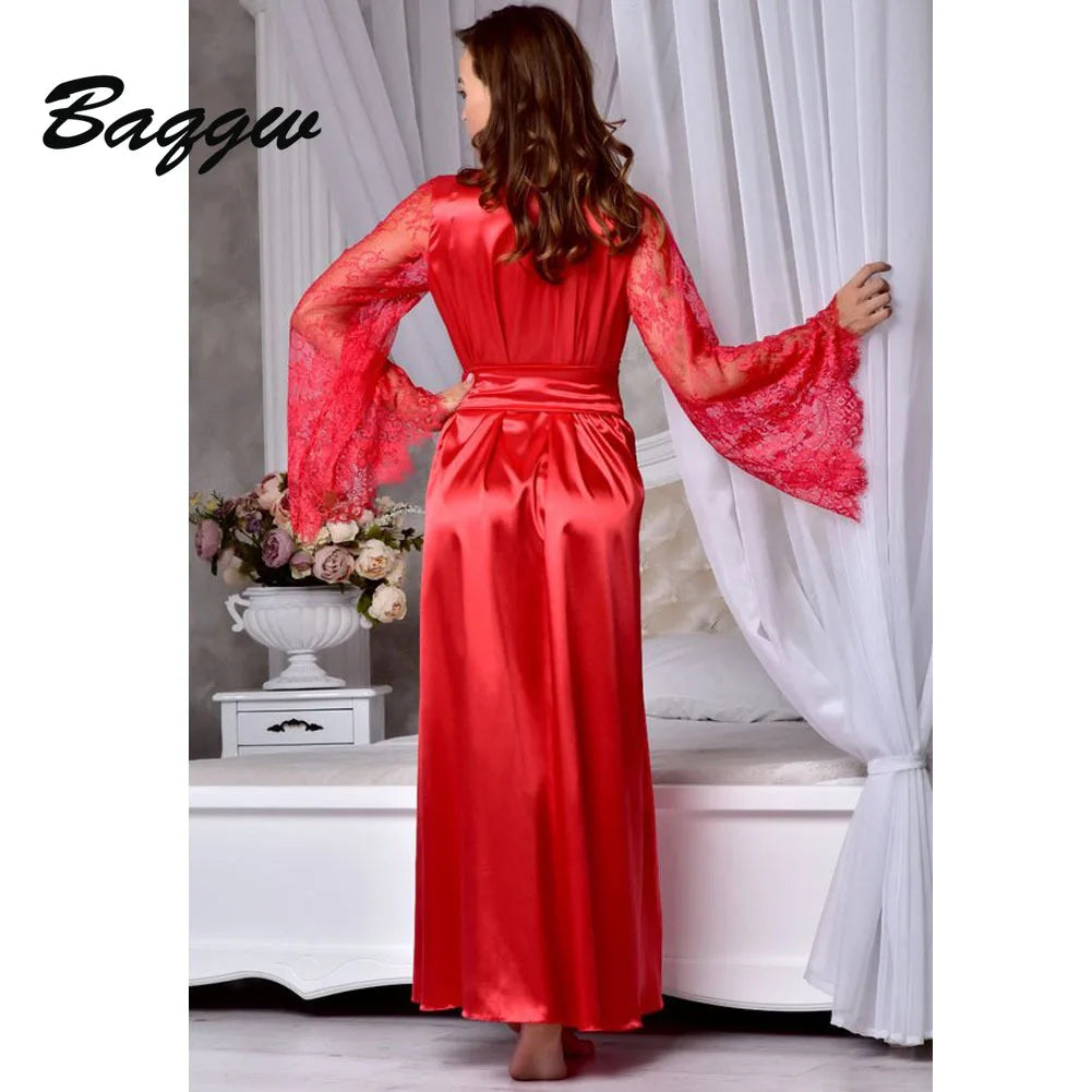 Home Robe for Women Lace Patchwork Long Bathrobes Female Nightgown Silk Plus Size Gown Bathrobe Sleepwear Ladies Lingerie Sexy