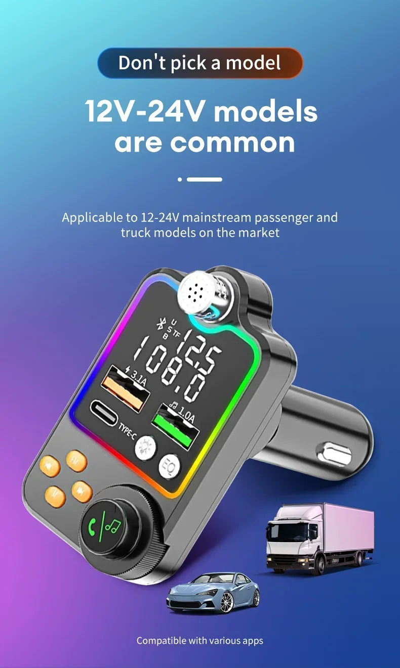 NEW Arrivals Car Bluetooth Quick Charger Car Cigarette Lighter Call Hands-free EQ Atmosphere Light MP3 Player FM Transmitter Charger